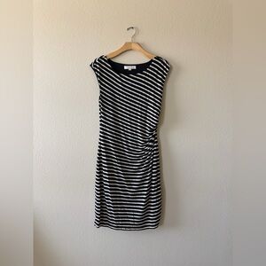 LOFT Black & White Striped Cap-Sleeve Ruched Midi Dress